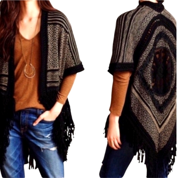 Anthropologie Whimsigoth Galenia Dark Sweater Cardigan long vest Fringe OS - Picture 1 of 12